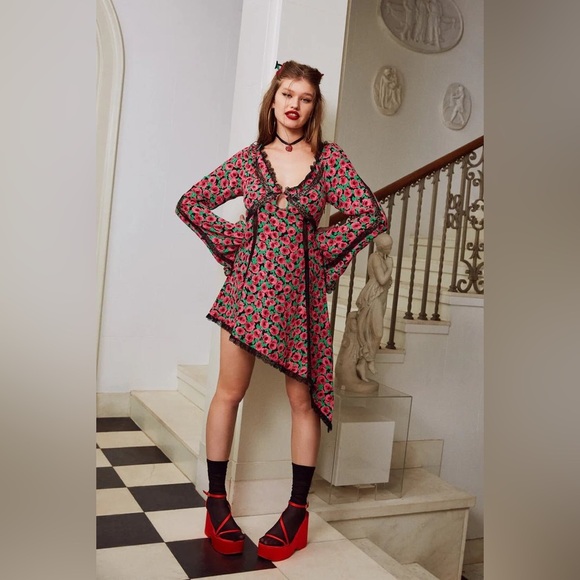 For Love and Lemons Brunello Asymmetrical Floral Black and Pink Dress - XS - Picture 3 of 6